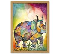 Artery8 Rhinoceros Pastel Colour Portrait Folk Art Artwork Framed A3 Wall Art Print