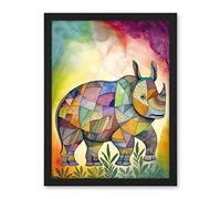 Artery8 Rhinoceros Pastel Colour Portrait Folk Art Artwork Framed Wall Art Print 18X24 Inch