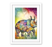 Artery8 Rhinoceros Pastel Colour Portrait Folk Art Artwork Framed Wall Art Print 18X24 Inch