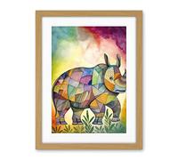 Artery8 Rhinoceros Pastel Colour Portrait Folk Art Artwork Framed Wall Art Print 18X24 Inch