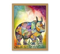 Artery8 Rhinoceros Pastel Colour Portrait Folk Art Artwork Framed Wall Art Print 18X24 Inch