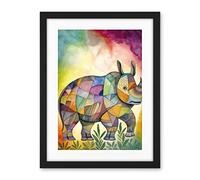 Artery8 Rhinoceros Pastel Colour Portrait Folk Art Artwork Framed Wall Art Print 18X24 Inch