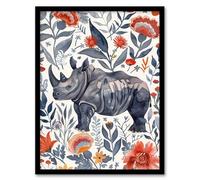 Rhinoceros Rhino Blue Red Floral Pattern Portrait Framed Wall Art Artery8 Blue A4
