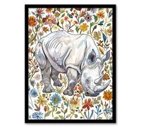 Artery8 Rhinoceros Rhino in Wildflower Meadow Watercolour Living Room Artwork Framed Wall Art Print A4