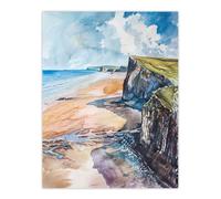 Artery8 Rhossili Bay Coastal Cliff Landscape Watercolour Wall Art Print in Blue | Size: W12" x H16" Artery8 Blue W12" x H16"