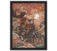 Artery8 Ride the Wind Warrior on Motorcycle Illustration Artwork Framed A3 Wall Art Print