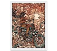 Artery8 Ride the Wind Warrior on Motorcycle Illustration Artwork Framed A3 Wall Art Print