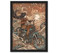 Artery8 Ride the Wind Warrior on Motorcycle Illustration Artwork Framed Wall Art Print A4 in Black Artery8 Black