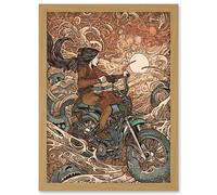 Artery8 Ride the Wind Warrior on Motorcycle Illustration Artwork Framed Wall Art Print A4 in Light Oak Artery8 Light Oak