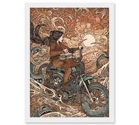 Artery8 Ride the Wind Warrior on Motorcycle Illustration Artwork Framed Wall Art Print A4 in White Artery8 White