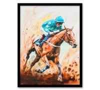 Artery8 Rider On Horse Racing Watercolour Dramatic Mud Wall Art Print - A4 Size