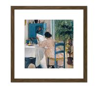 Artery8 Ring At Breakfast Table Morning Newspapers Painting 8X8 Inch Square Wooden Framed Wall Art Print Picture with Mount in Brown Artery8 Brown