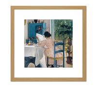 Artery8 Ring At Breakfast Table Morning Newspapers Painting 8X8 Inch Square Wooden Framed Wall Art Print Picture with Mount in Light Oak Artery8 Light Oak