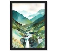 Artery8 River Cascades Waterfall in Misty Landscape Modern Watercolour Painting Artwork Framed A3 Wall Art Print