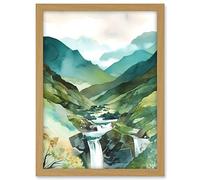 Artery8 River Cascades Waterfall in Misty Landscape Modern Watercolour Painting Artwork Framed A3 Wall Art Print