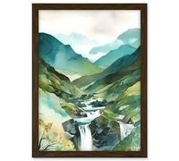 Artery8 River Cascades Waterfall in Misty Landscape Modern Watercolour Painting Artwork Framed A3 Wall Art Print