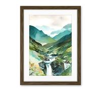 Artery8 River Cascades Waterfall in Misty Landscape Modern Watercolour Painting Artwork Framed Wall Art Print 18X24 Inch
