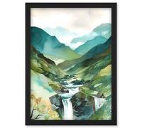 Artery8 River Cascades Waterfall in Misty Landscape Modern Watercolour Painting Artwork Framed Wall Art Print A4