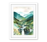 Artery8 River Cascades Waterfall in Misty Landscape Modern Watercolour Painting Artwork Framed Wall Art Print 18X24 Inch