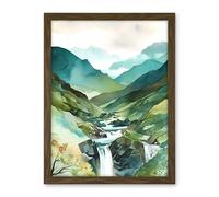 Artery8 River Cascades Waterfall in Misty Landscape Modern Watercolour Painting Artwork Framed Wall Art Print 18X24 Inch