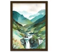 Artery8 River Cascades Waterfall in Misty Landscape Modern Watercolour Painting Artwork Framed Wall Art Print A4