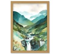 Artery8 River Cascades Waterfall in Misty Landscape Modern Watercolour Painting Artwork Framed Wall Art Print A4