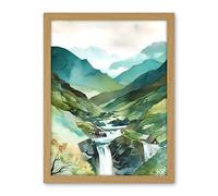 Artery8 River Cascades Waterfall in Misty Landscape Modern Watercolour Painting Artwork Framed Wall Art Print 18X24 Inch