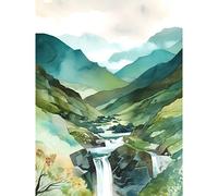Artery8 River Cascades Waterfall in Misty Landscape Modern Watercolour Painting Large Wall Art Poster Print Thick Paper 18X24 Inch
