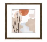 Artery8 River Landscape Autumn Sunset Boho Abstract Illustration Square Wooden Framed Wall Art Print Picture 8X8 Inch in Brown Artery8 Brown