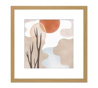 Artery8 River Landscape Autumn Sunset Boho Abstract Illustration Square Wooden Framed Wall Art Print Picture 8X8 Inch in Light Oak Artery8 Light Oak