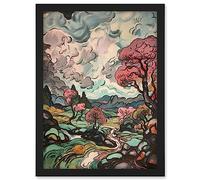 Artery8 River Landscape with Pink Trees and Storm Clouds Artwork Framed A3 Wall Art Print