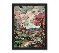 Artery8 River Landscape with Pink Trees and Storm Clouds Artwork Framed Wall Art Print 18X24 Inch