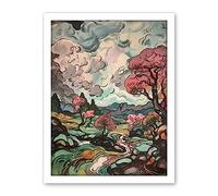 Artery8 River Landscape with Pink Trees and Storm Clouds Artwork Framed Wall Art Print 18X24 Inch