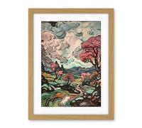 Artery8 River Landscape with Pink Trees and Storm Clouds Artwork Framed Wall Art Print 18X24 Inch