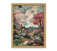 Artery8 River Landscape with Pink Trees and Storm Clouds Artwork Framed Wall Art Print 18X24 Inch