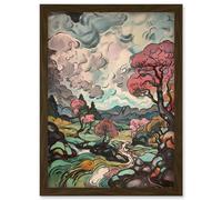 Artery8 River Landscape with Pink Trees and Storm Clouds Artwork Framed Wall Art Print A4