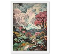 Artery8 River Landscape with Pink Trees and Storm Clouds Artwork Framed Wall Art Print A4