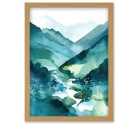 Artery8 River Trail in the Scottish Highlands Modern Landscape Watercolour Painting Artwork Framed Wall Art Print A4 in Light Oak Artery8 Light Oak