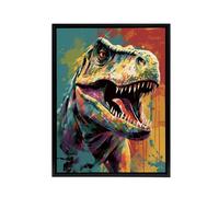 Artery8 Roaring T Rex Colourful Dinosaur Framed Canvas Wall Art Print | Size: W24" x H32" Artery8 Multicolor W24" x H32"