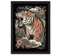 Artery8 Roaring Tiger Old School USA Tattoo Ink Body Art Rockabilly Americana 50s Artwork Framed Wall Art Print A4