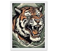 Artery8 Roaring Tiger Sea Waves Tattoo Ink Body Art Rockabilly Americana 50s Artwork Framed A3 Wall Art Print