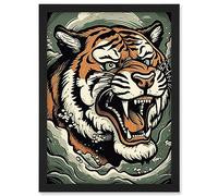 Artery8 Roaring Tiger Sea Waves Tattoo Ink Body Art Rockabilly Americana 50s Artwork Framed A3 Wall Art Print