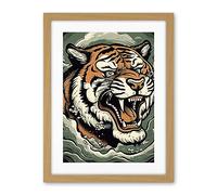 Artery8 Roaring Tiger Sea Waves Tattoo Ink Body Art Rockabilly Americana 50s Artwork Framed Wall Art Print 18X24 Inch