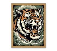 Artery8 Roaring Tiger Sea Waves Tattoo Ink Body Art Rockabilly Americana 50s Artwork Framed Wall Art Print 18X24 Inch
