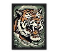 Artery8 Roaring Tiger Sea Waves Tattoo Ink Body Art Rockabilly Americana 50s Artwork Framed Wall Art Print 18X24 Inch