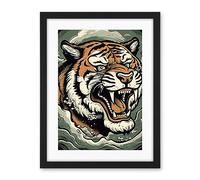 Artery8 Roaring Tiger Sea Waves Tattoo Ink Body Art Rockabilly Americana 50s Artwork Framed Wall Art Print 18X24 Inch