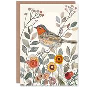 Artery8 Robin Bird Garden Flowers Bright Folk Art Birthday Art Card Artery8 Multicolor