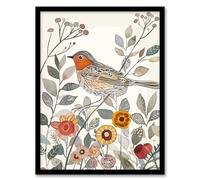 Artery8 Robin Bird Garden Flowers Bright Folk Art Living Room Art Print Framed Poster Wall Decor 12x16 inch
