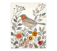 Robin Bird Garden Flowers Bright Folk Art Wall Art Print Artery8 Multi W18 inch x H24 inch