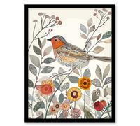 Artery8 Robin Bird Garden Flowers Bright Folk Art Wall Art Print - A4 Size